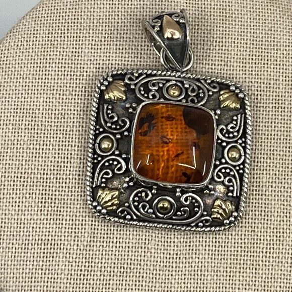Rare Vintage BA Bali Suarti Amber Pendant Sterling Silver & 18K Gold - Picture 4 of 16